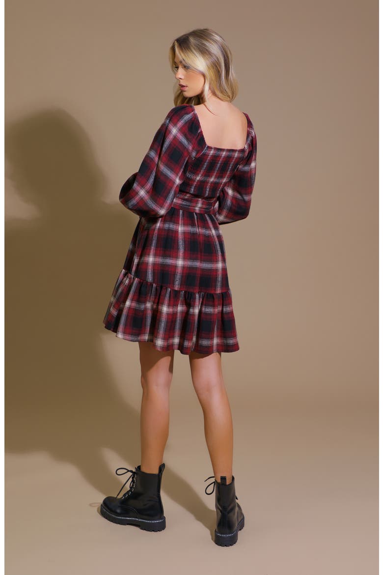 Plaid Long Sleeve Tie Waist Minidress, Alternate, color, RED/ BLACK