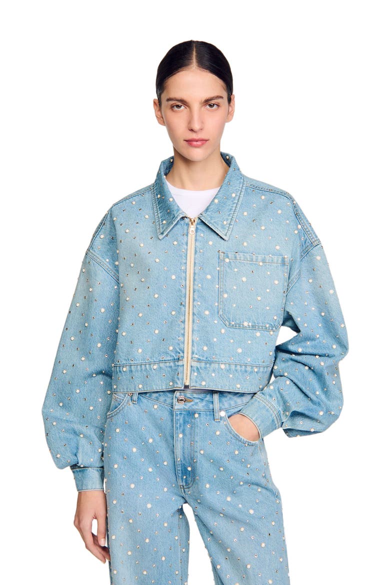 Beaded and rhinestone denim jacket, Main, color, Blue jean