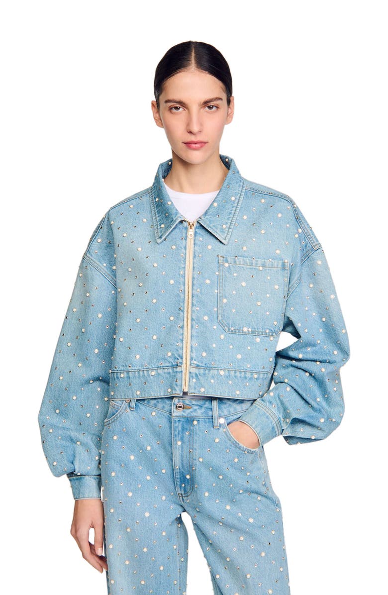 SANDRO Beaded and rhinestone denim jacket, Main, color,
