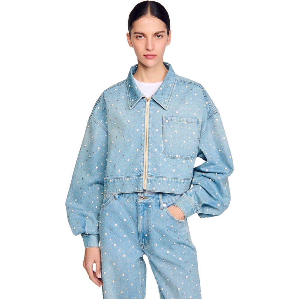 Shop Sandro Beaded And Rhinestone Denim Jacket In Blue Jean