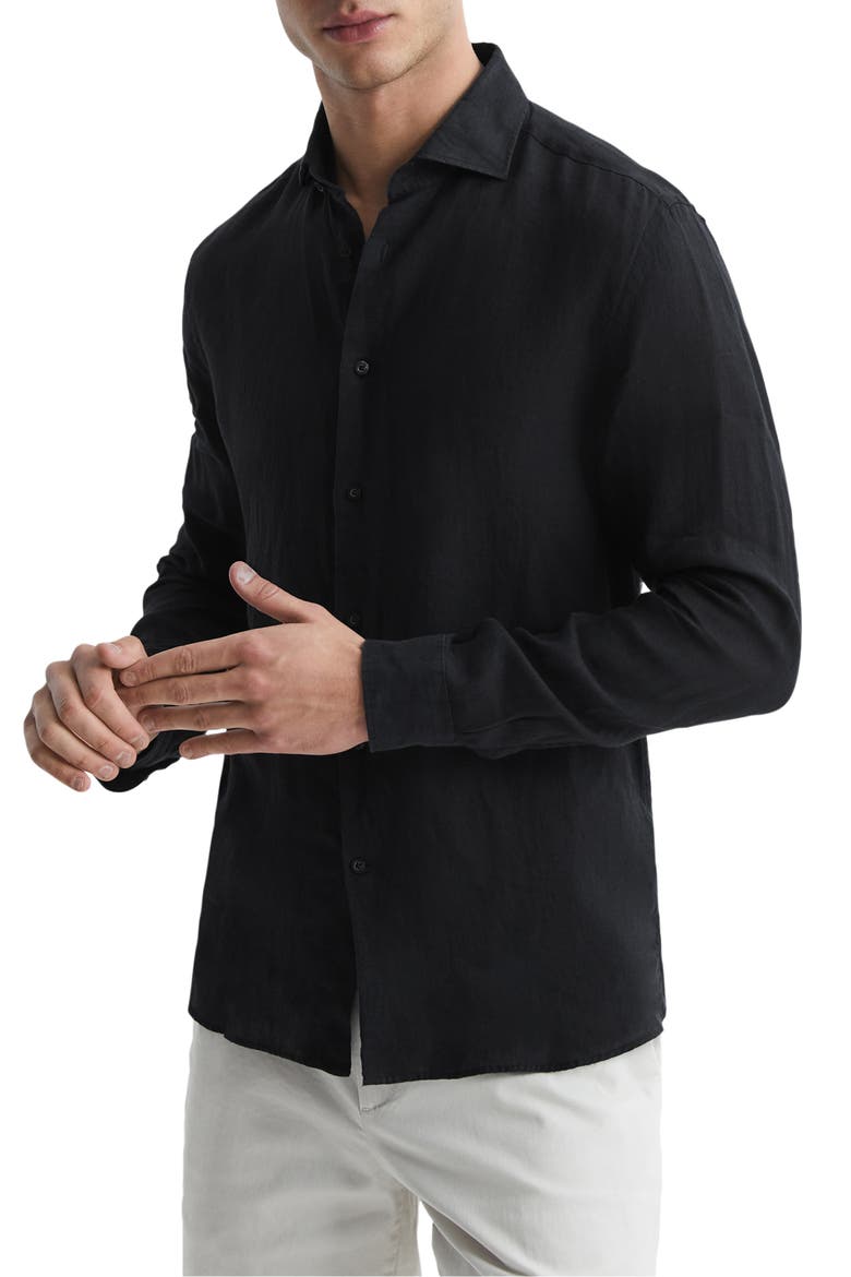 Ruban Linen Button-Up Shirt, Main, color, BLACK