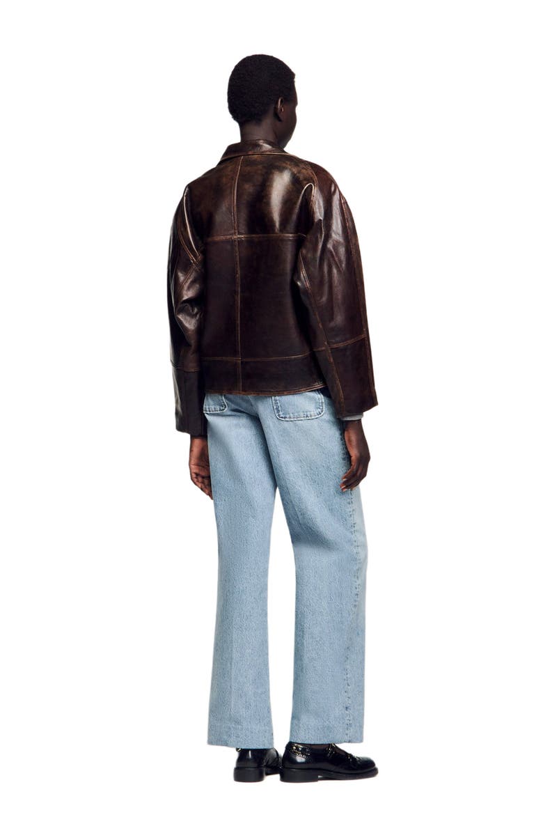 SANDRO Oversized leather jacket, Alternate, color, Brown