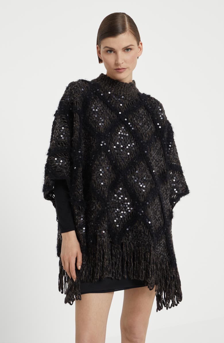 Brunello Cucinelli Wool and alpaca knit poncho with dazzling macro argyle embroidery, Alternate, color,