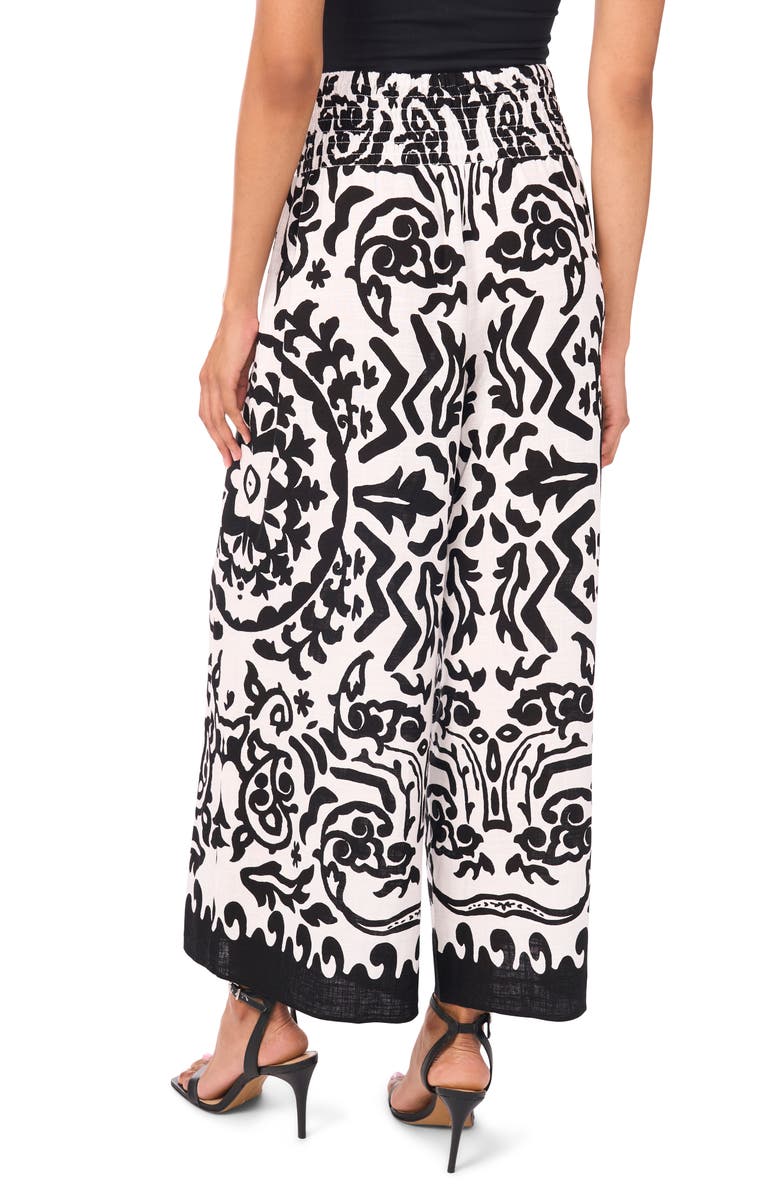 Vince Camuto Printed Smocked Waist Wide Leg Pants, Alternate, color, Rich Black Black Ivory Print