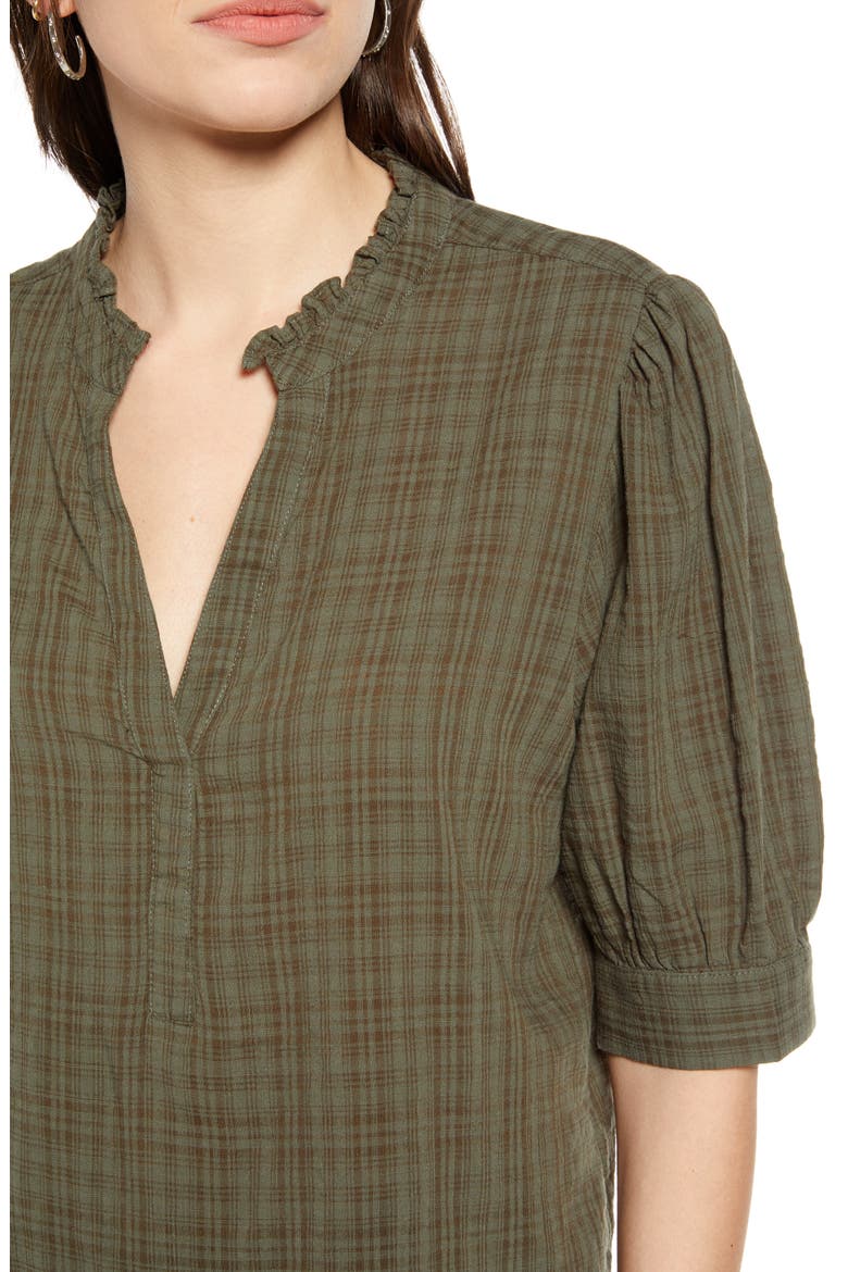 Split Neck Check Top, Alternate, color, OLIVE SARMA