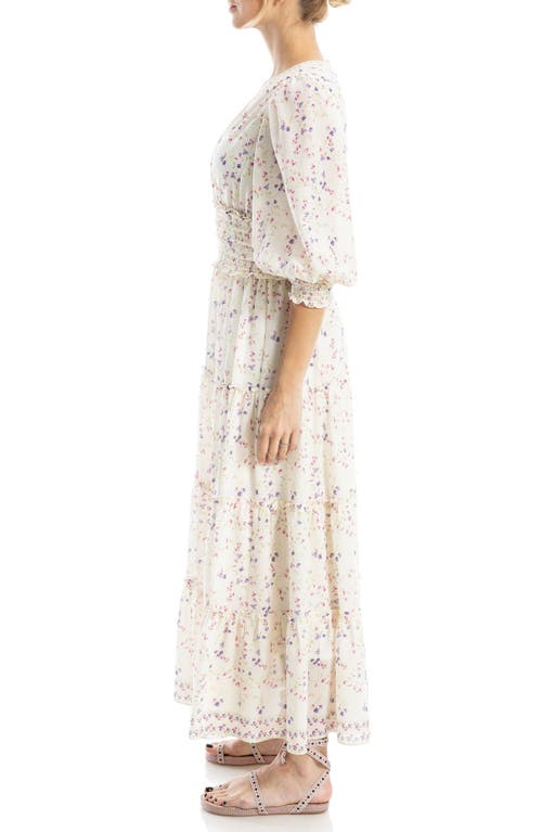 Max Studio Surplice Smocked Waist Dress In Ecru/pink Sweetpea Swirls