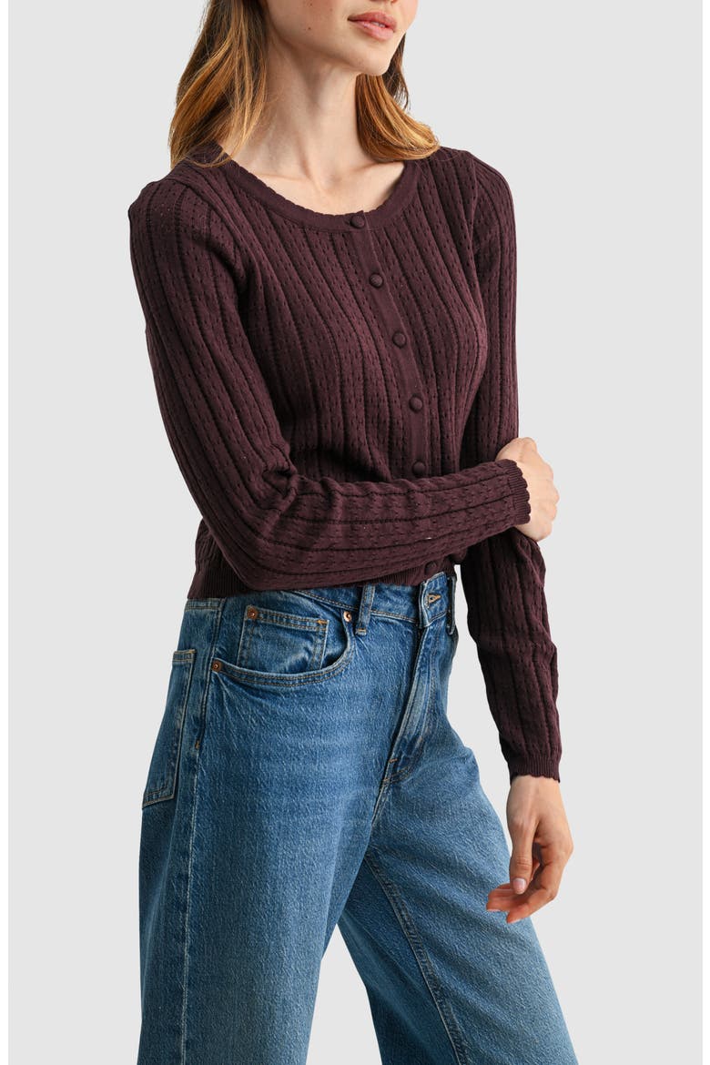 Pointelle Button Down Cardigan, Alternate, color, DARK BROWN