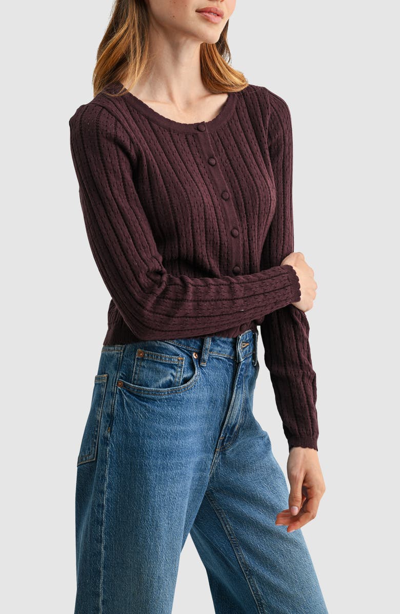 All in Favor Pointelle Button Down Cardigan, Alternate, color, Dark Brown