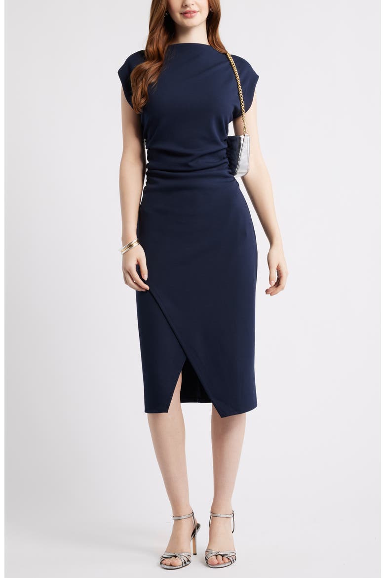 Ruched Funnel Neck Midi Dress, Alternate, color, NAVY NIGHT