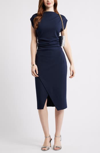 Ruched Funnel Neck Midi Dress
