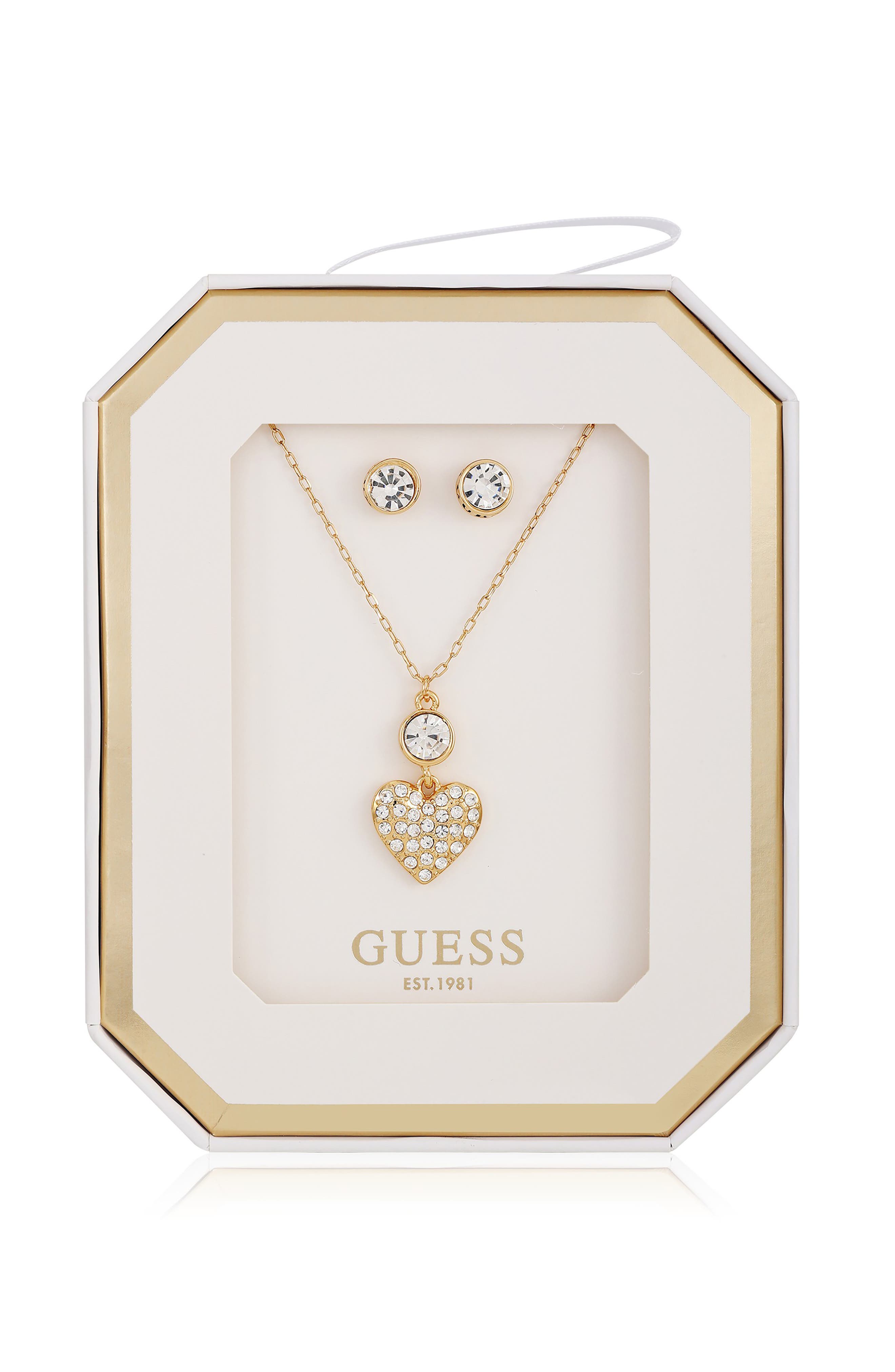 GUESS Heart Pendant Necklace & Stud Earrings Set