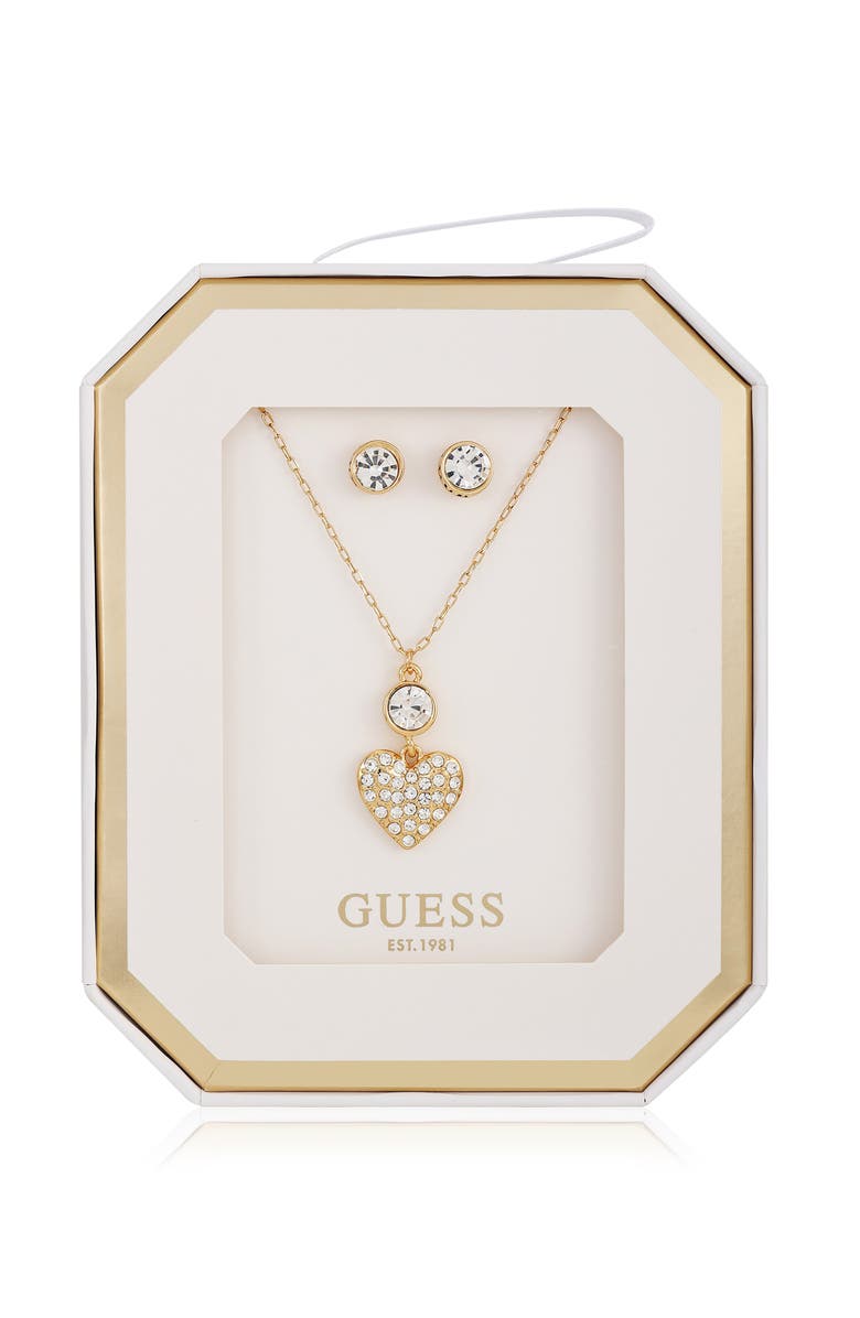 GUESS Heart Pendant Necklace & Stud Earrings Set, Main, color, Gold