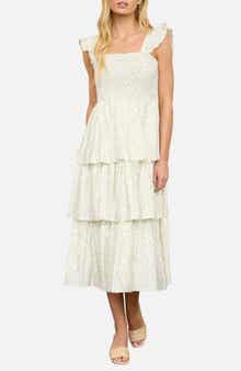AUGUST SKY Smocked Tiered Midi Dress