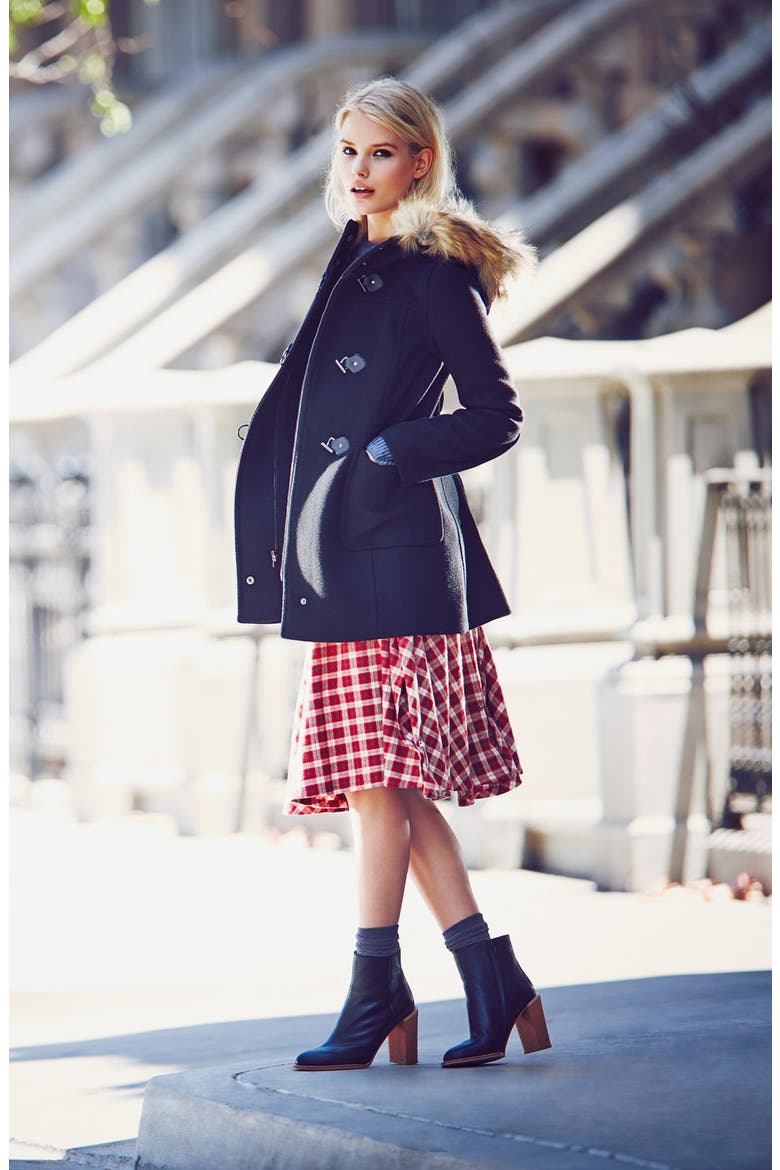 Faux Fur Trim Hooded Wool Blend Duffle Coat, Alternate, color, BLACK