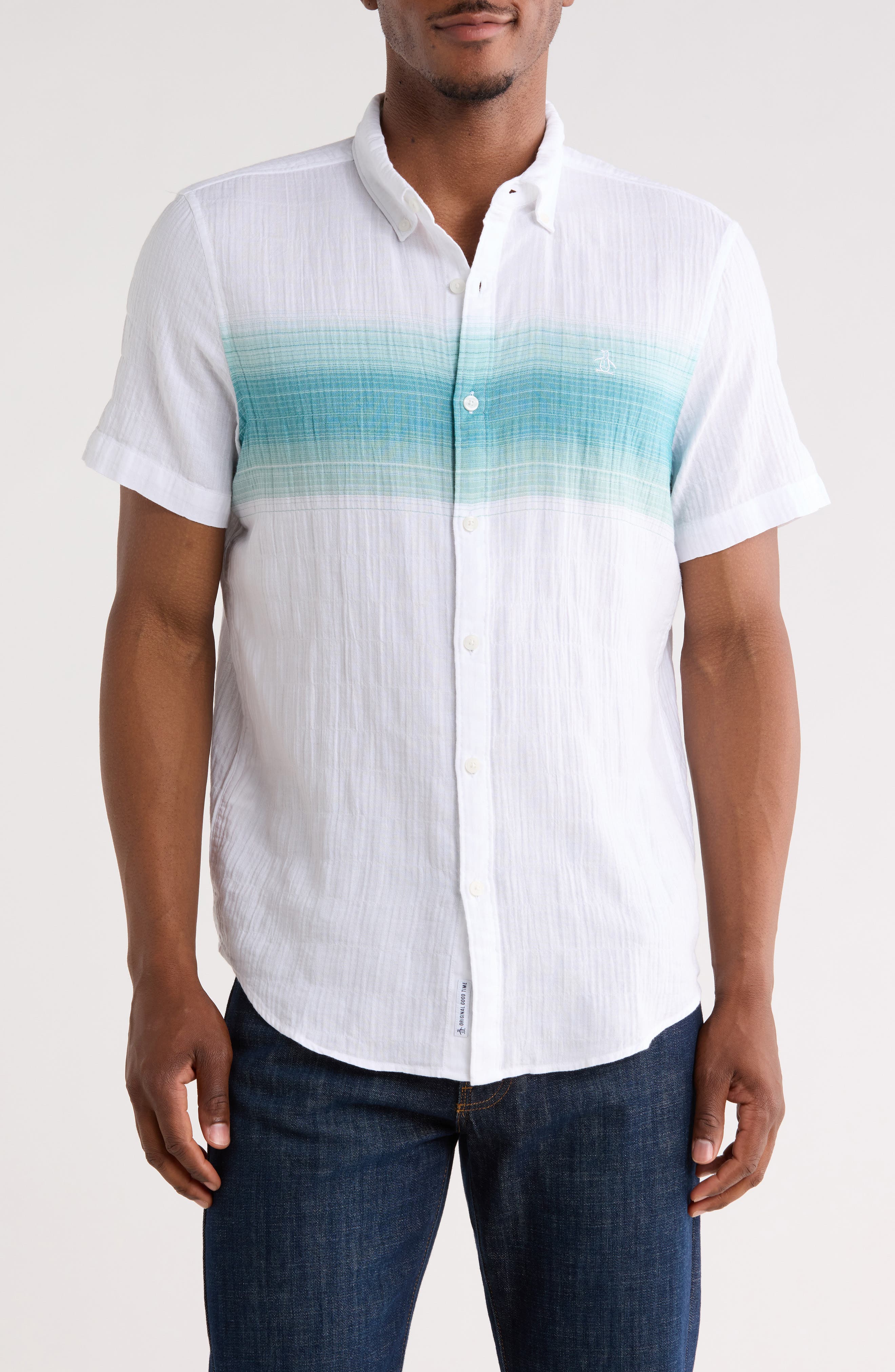 Original Penguin Chest Stripe Short Sleeve Crinkle Button-Down Shirt