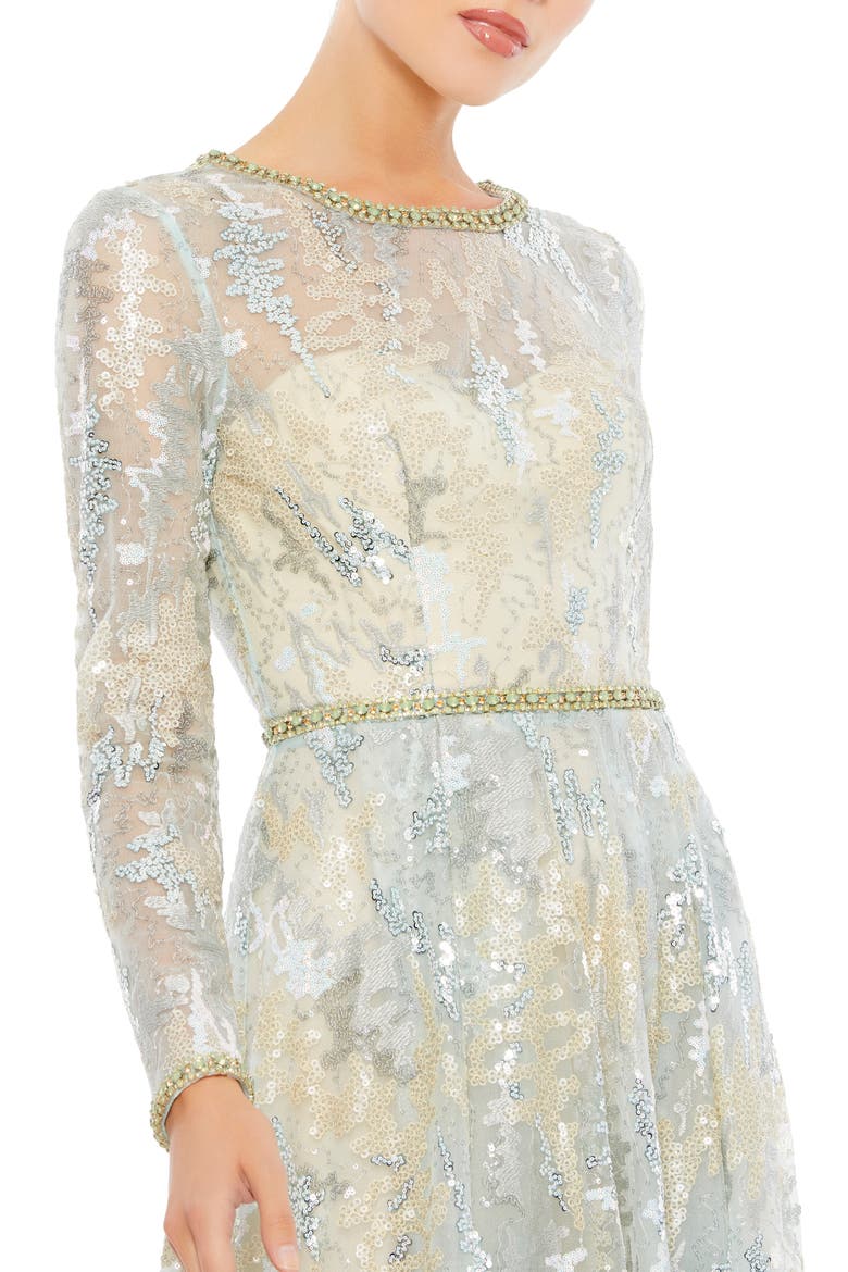 Long Sleeve Embellished Mesh Gown, Alternate, color, PLATINUM