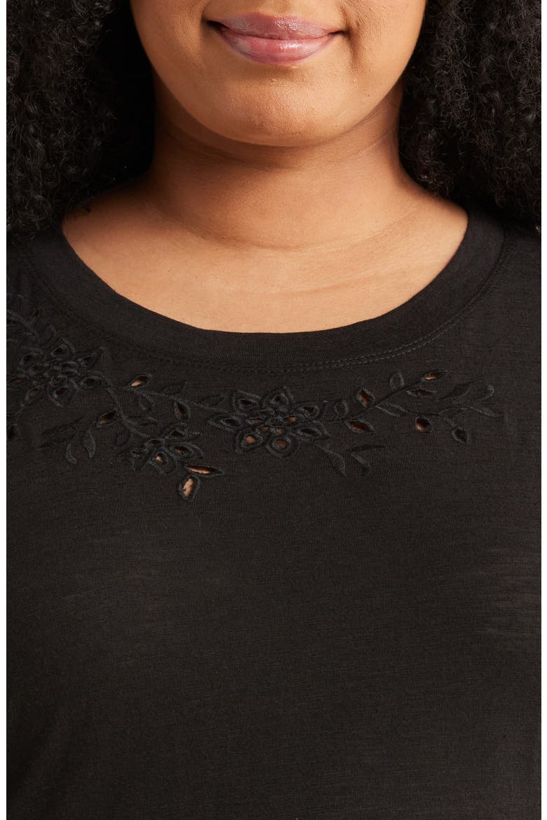Embroidered Eyelet Cap Sleeve T-Shirt, Alternate, color, BLACK