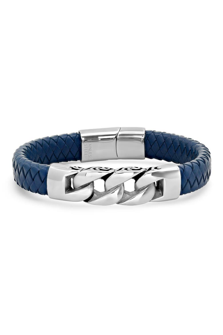 Men's Stainless Steel Link Blue Braided Leather Bracelet, Main, color, BLUE-YELLOW