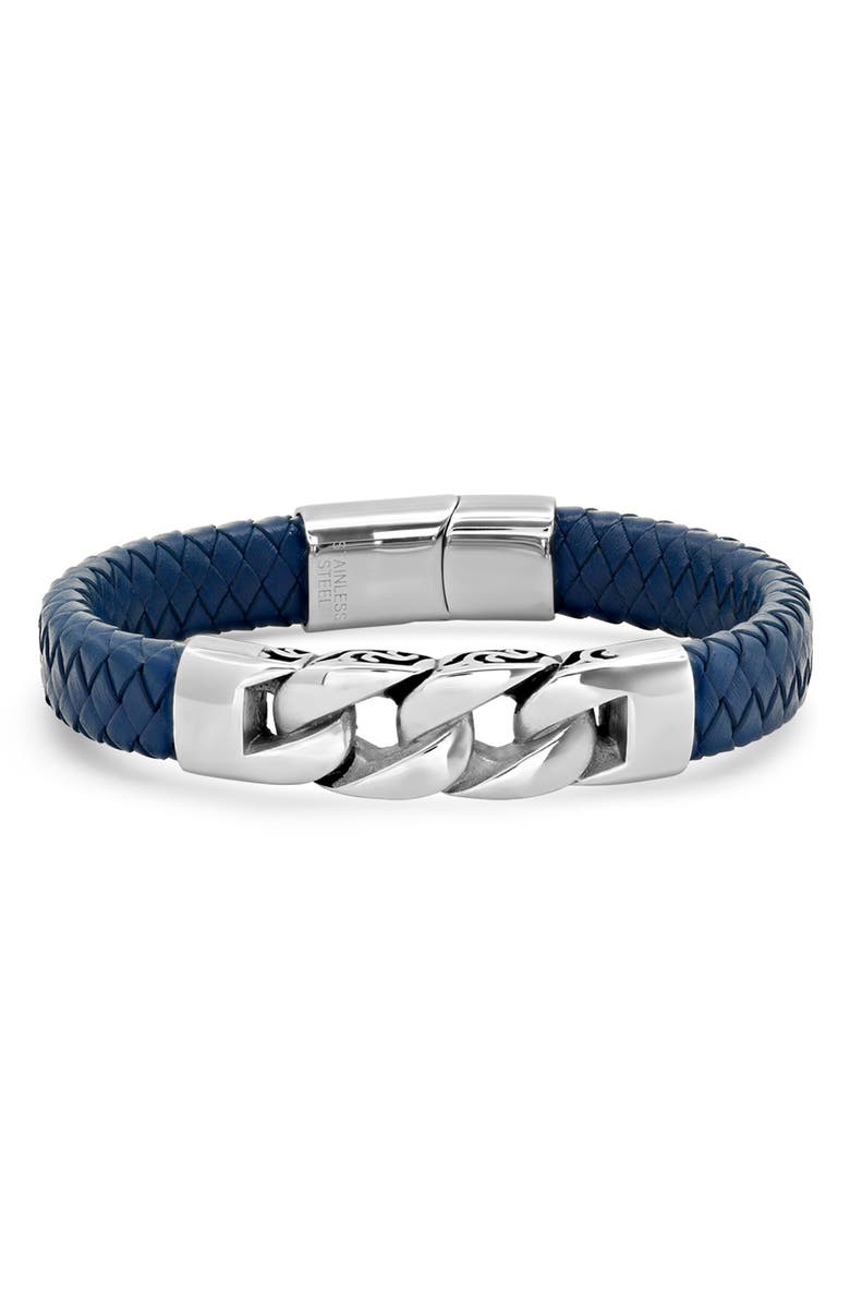 HMY JEWELRY Men's Stainless Steel Link Blue Braided Leather Bracelet, Main, color, Blue-Yellow