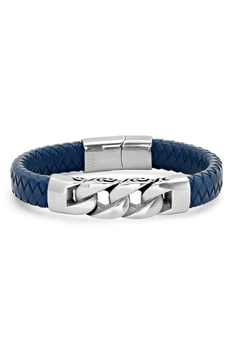 Men's Stainless Steel Link Blue Braided Leather Bracelet
