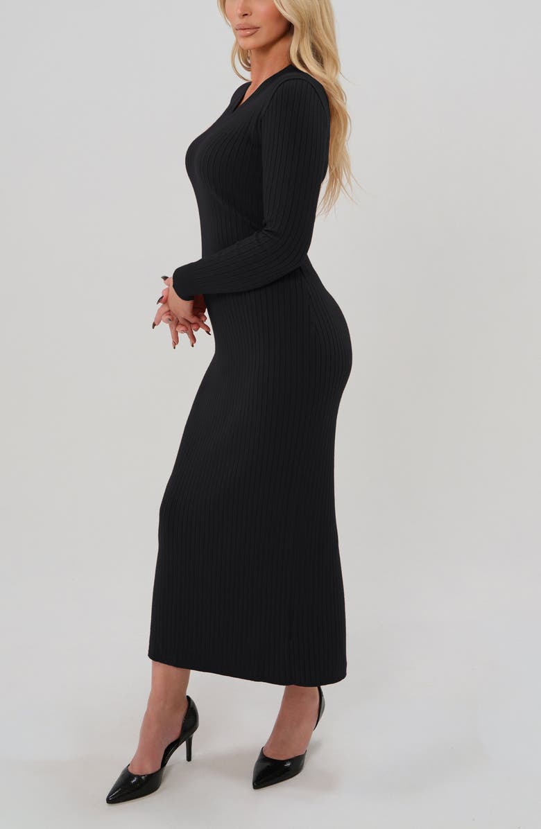 Marion Women's Ribbed Long Sleeve V-Neck Midi Sweater Dress, Alternate, color, Black