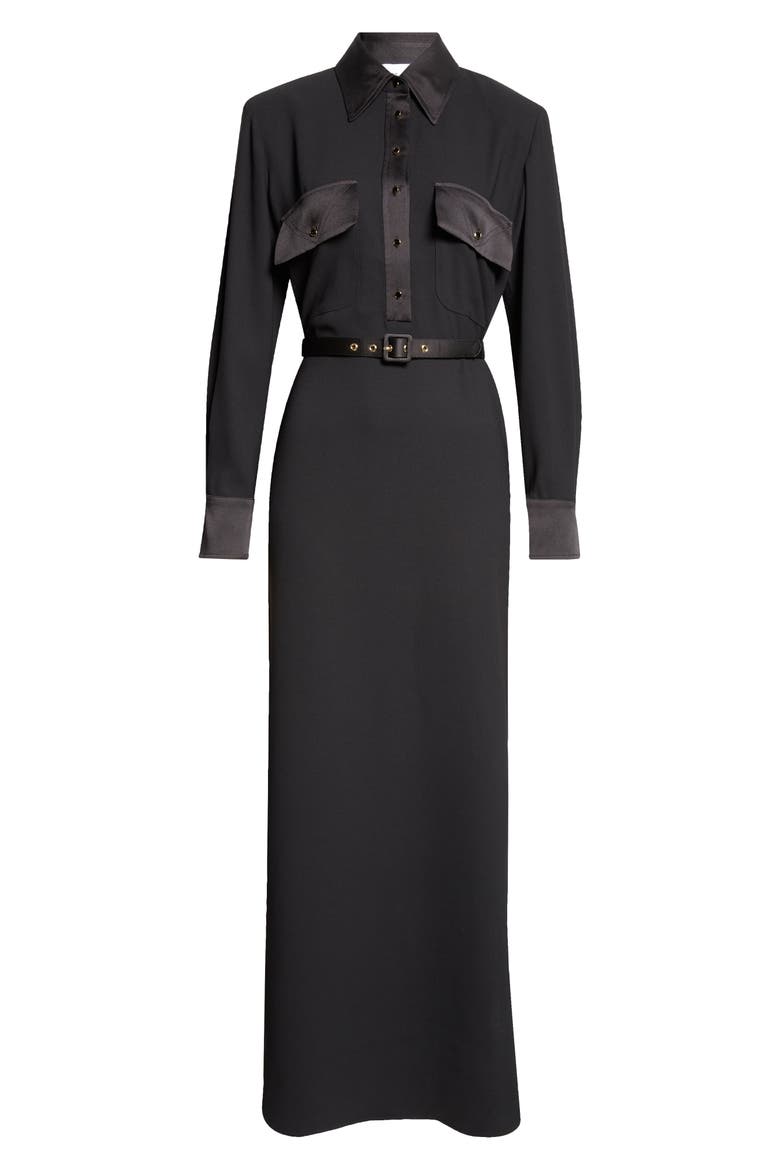 Long Sleeve Satin Back Crepe Shirtdress, Alternate, color, BLACK