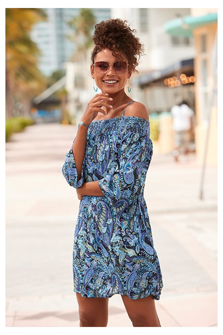 Women's Off Shoulder Patterned Dress, Alternate, color, Blue Multi