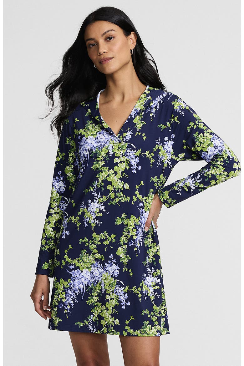 SunShade UPF 50 Hooded Mini Swim Swim Cover-Up Dress, Main, color, Navy/White Blooms