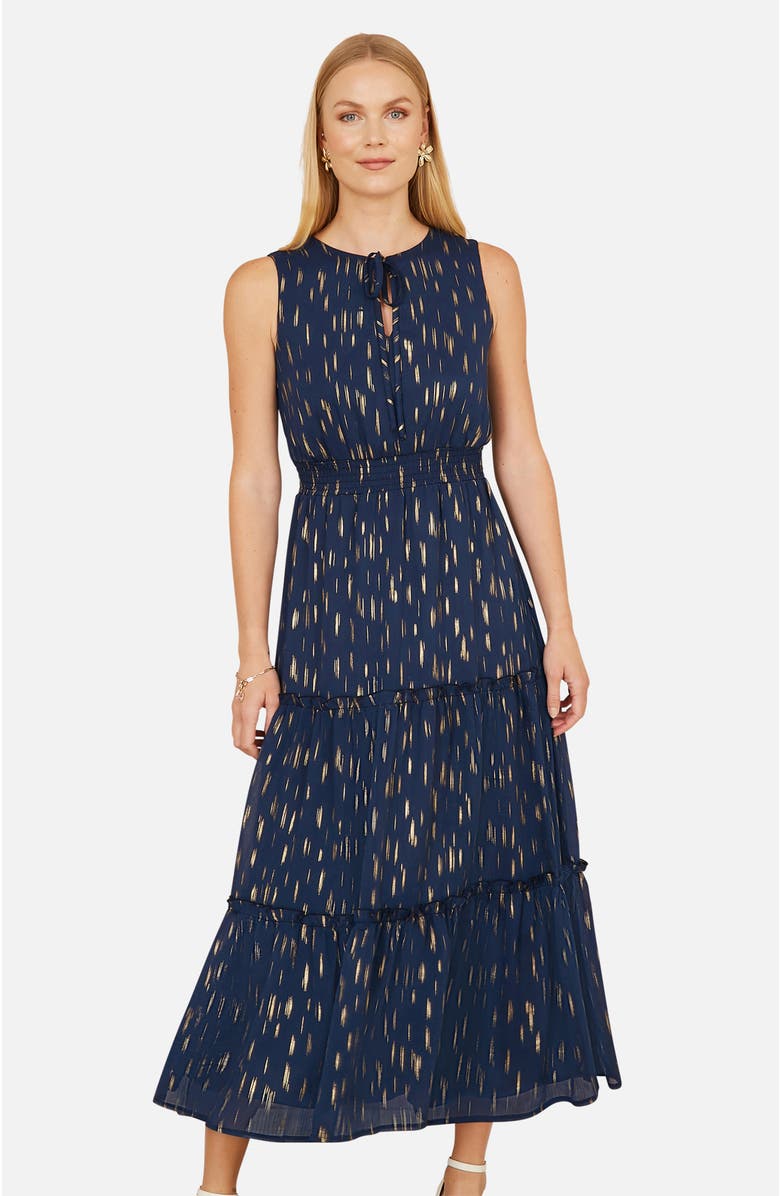 Yumi Foil Print Ruched Waist Midi Dress, Alternate, color, Navy