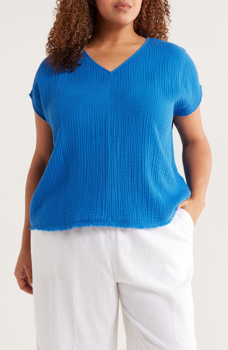 Eileen Fisher V-Neck Dolman Sleeve Organic Cotton Gauze Top, Main, color,