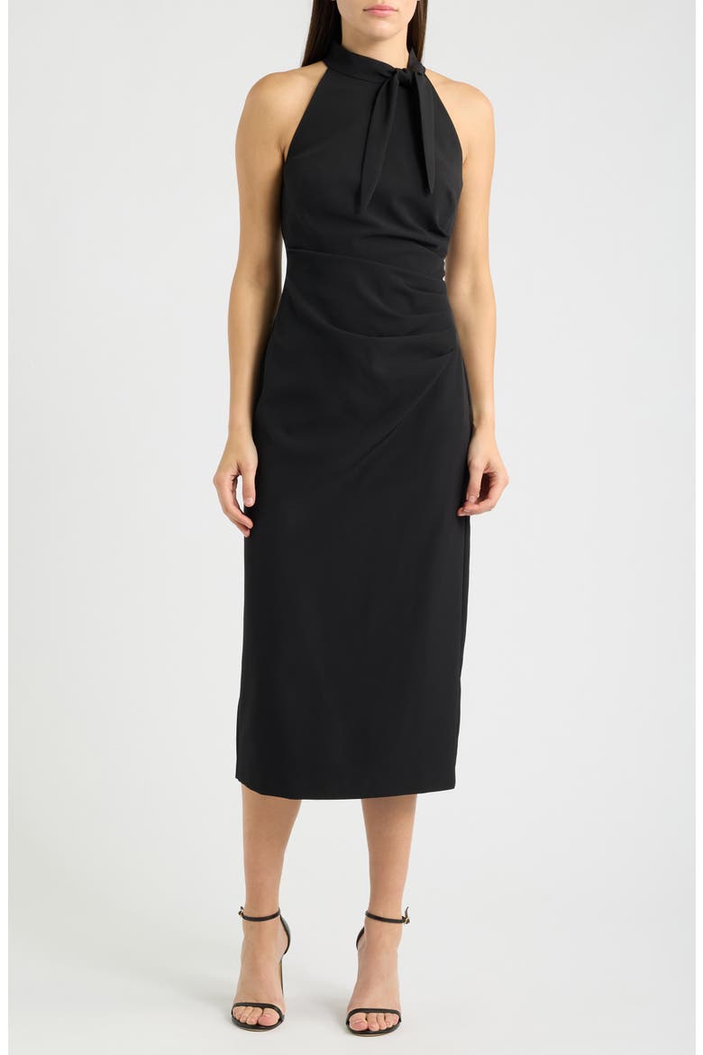 Laguna Pleated Tie Neck Sleeveless Sheath, Main, color, BLACK