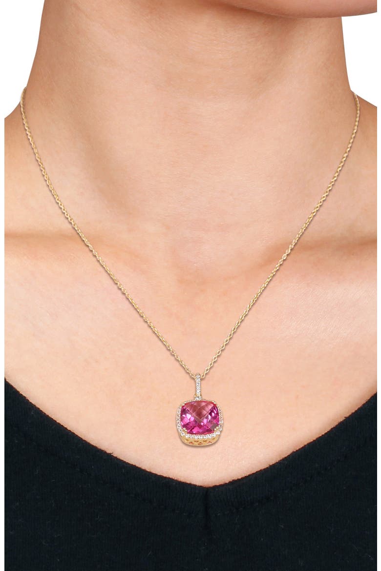 Goldtone Plate Sterling Silver Pink Topaz & White Sapphire Halo Pendant Necklace, Alternate, color, PINK