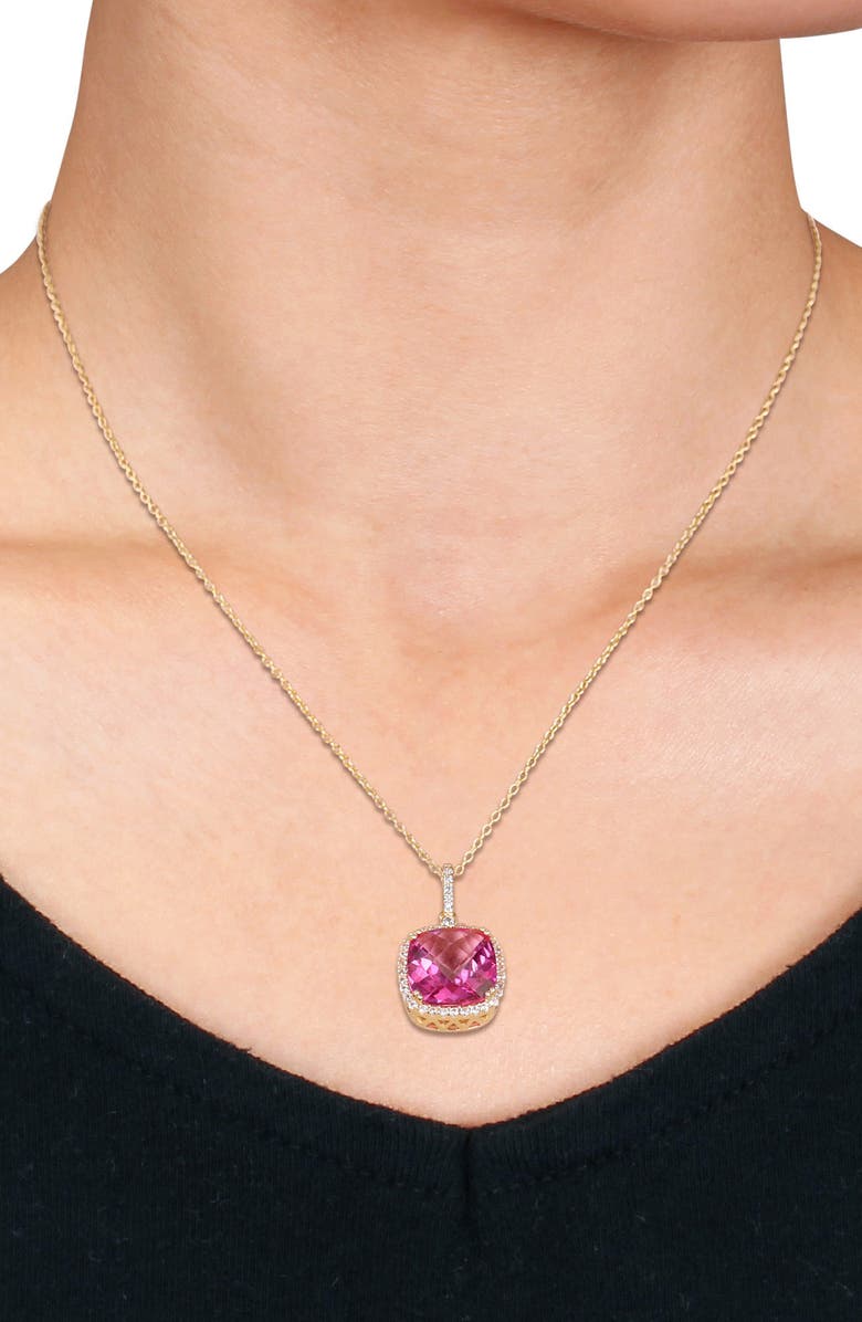 DELMAR Goldtone Plate Sterling Silver Pink Topaz & White Sapphire Halo Pendant Necklace, Alternate, color, Pink