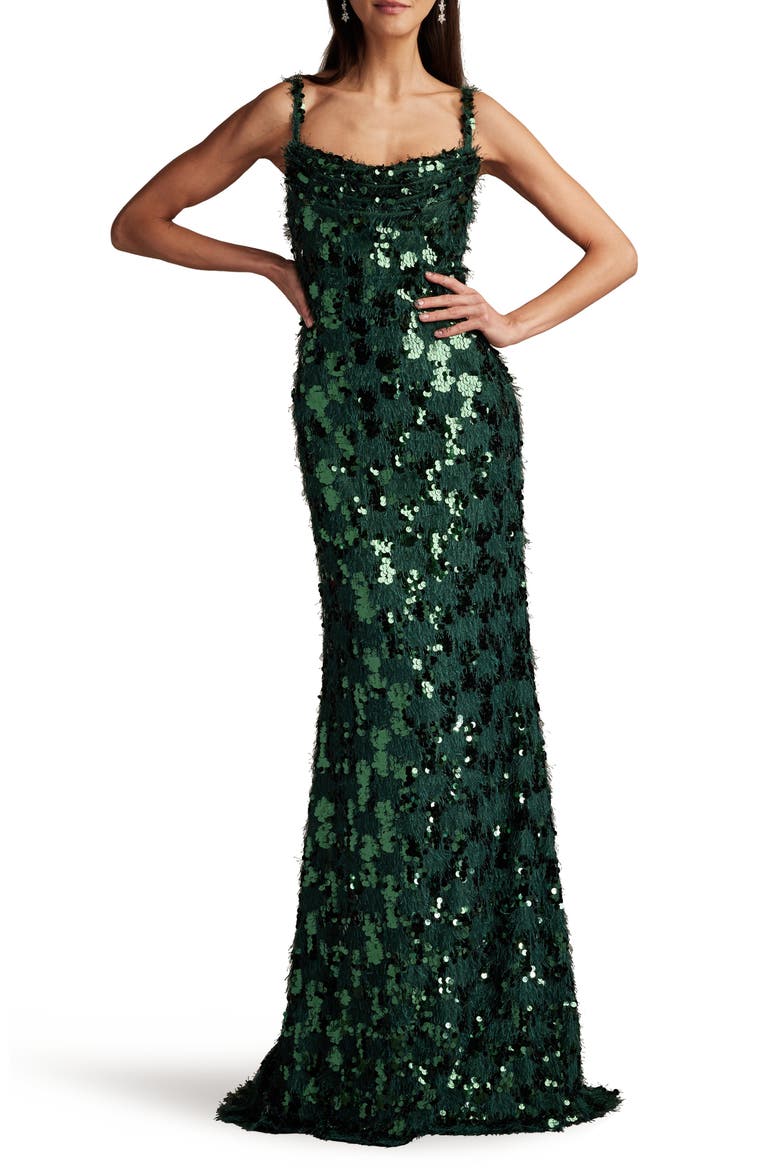 Sequin & Fringe Gown, Main, color, JUNGLE GREEN