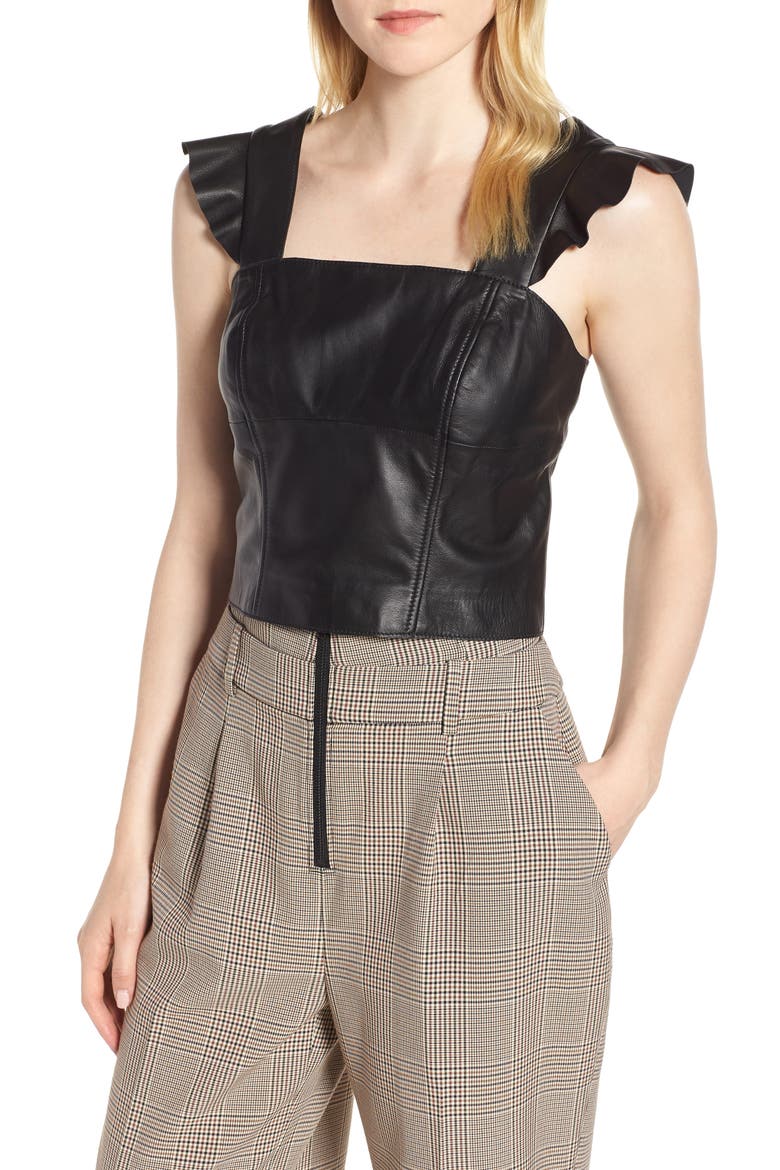 Flutter Sleeve Leather Bustier, Alternate, color, BLACK
