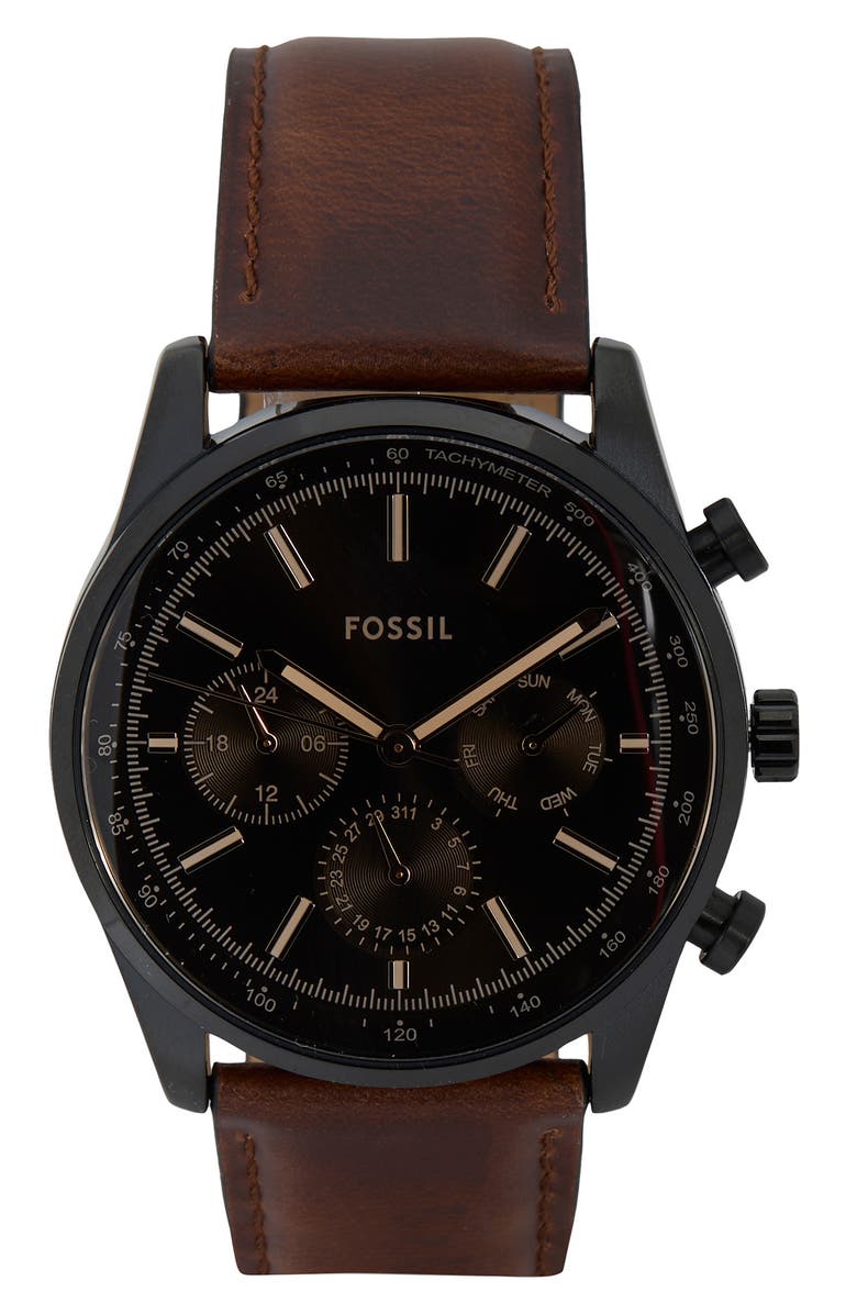 Fossil Sullivan Multifunction Leather Strap Watch, 44mm, Main, color, Black/ Brown