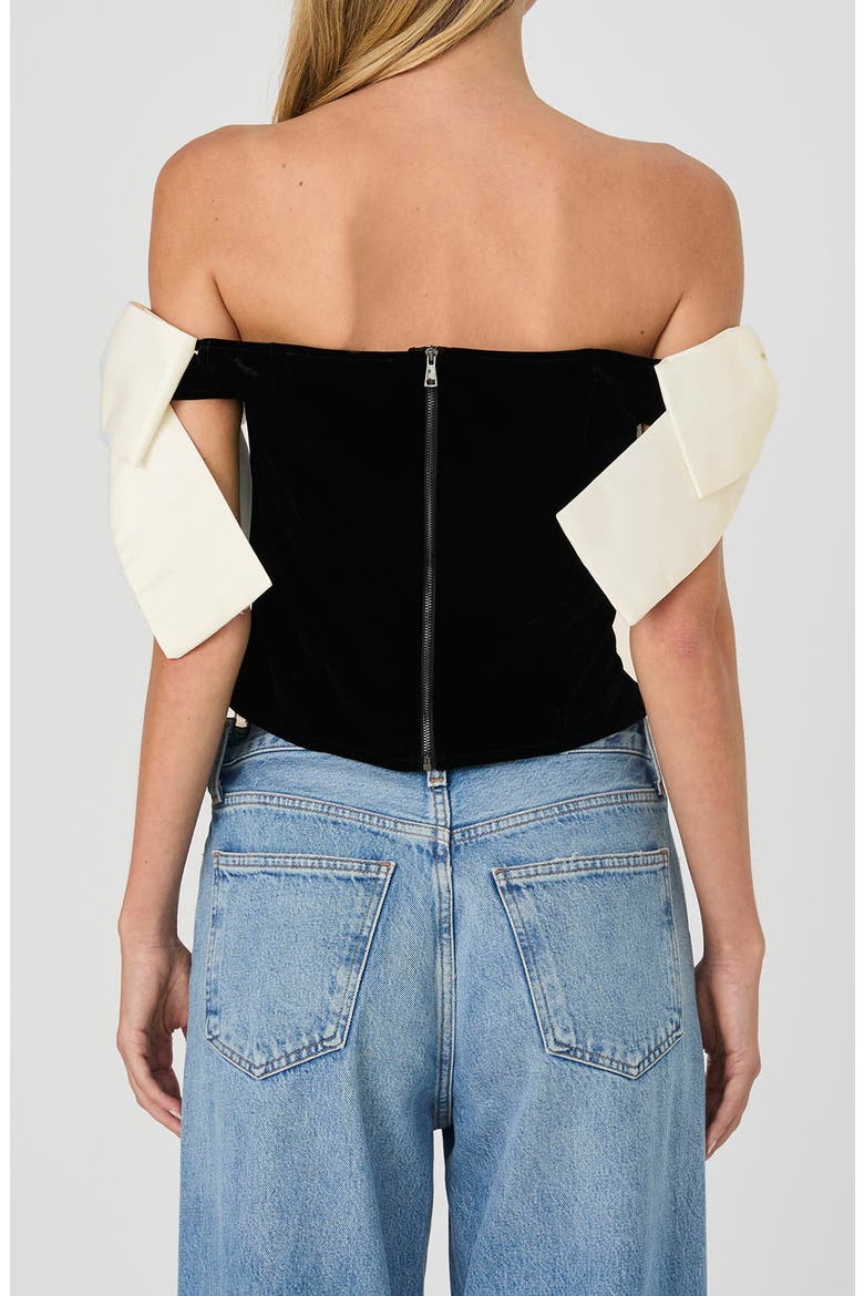 Carey Satin Bow Detail Off the Shoulder Velvet Crop Top, Alternate, color, BLACK-PORCELAIN CREAM