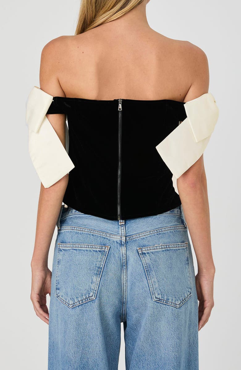 French Connection Carey Satin Bow Detail Off the Shoulder Velvet Crop Top, Alternate, color, 