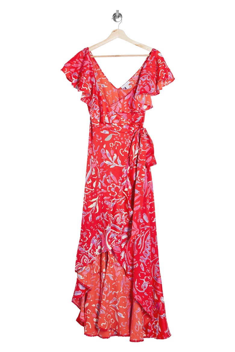 Satin Ruffle Wrap High/Low Dress, Alternate, color, RED MULTI