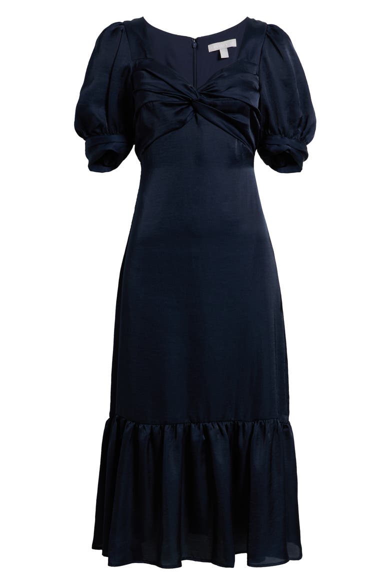 Twist Front Puff Sleeve Satin Midi Dress, Alternate, color, NAVY STILL