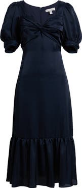 Chelsea28 Twist Front Puff Sleeve Satin Midi Dress
