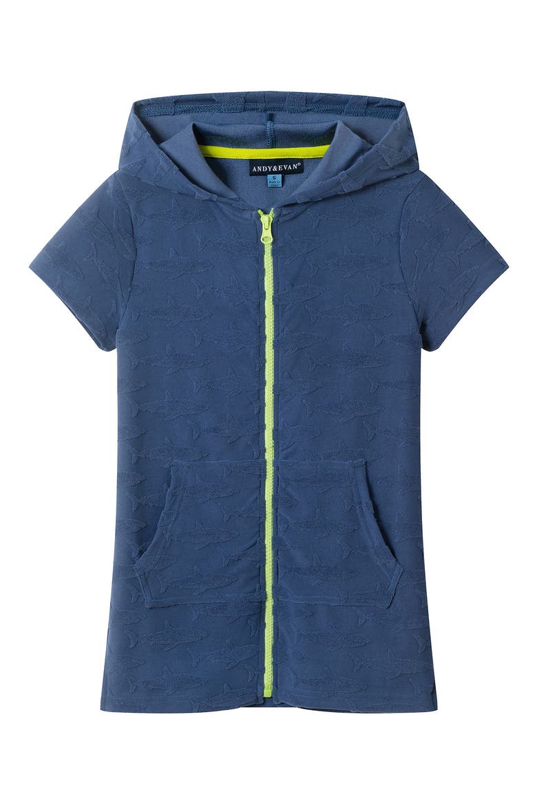 Kids' Sharks Terry Hooded Zip Cover-Up Top, Main, color, NAVY SHARK