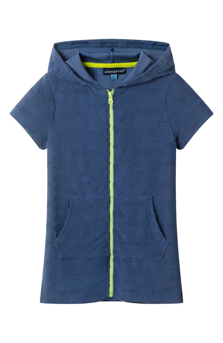 Andy & Evan Kids' Sharks Terry Hooded Zip Cover-Up Top, Main, color, Navy Shark