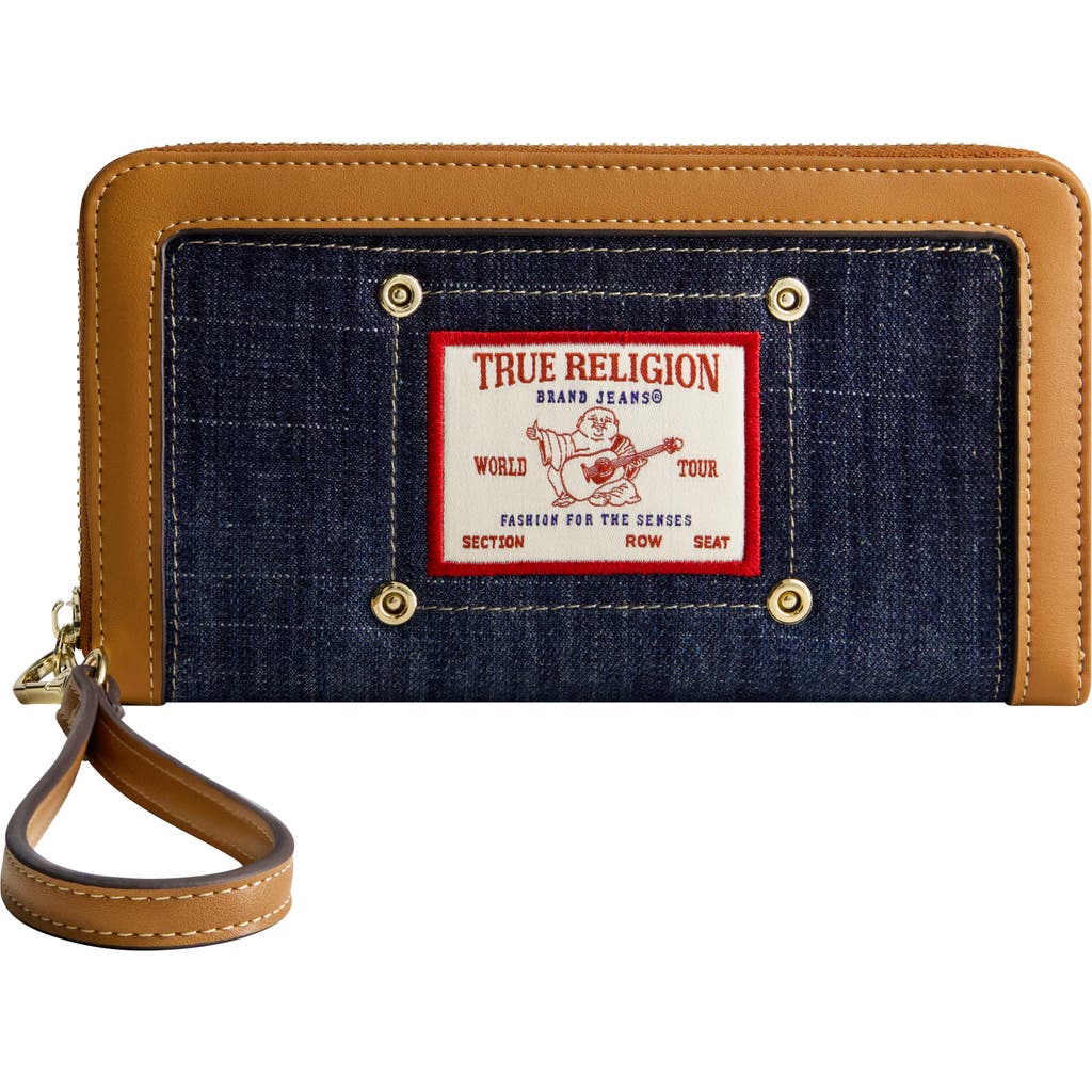 True Religion Buddha Patch Zip Around Wristlet In Blue