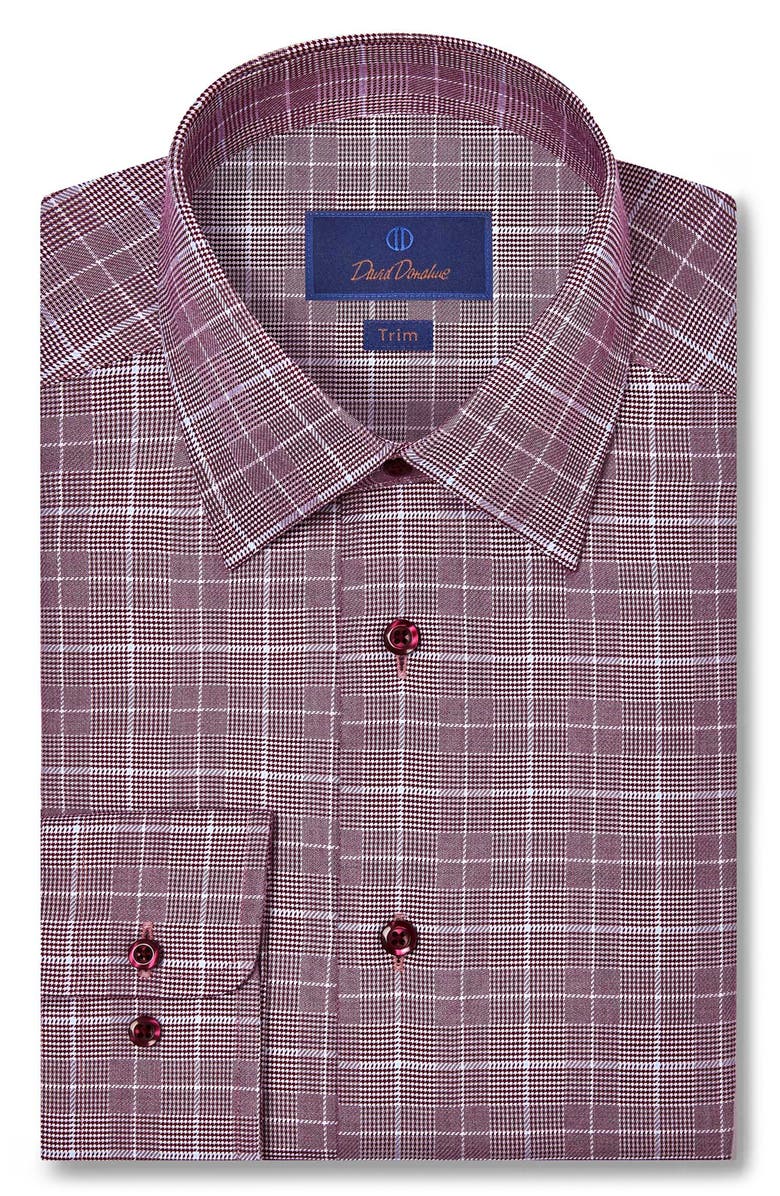 David Donahue Trim Fit Glen Plaid Twill Cotton Dress Shirt, Main, color, Merlot