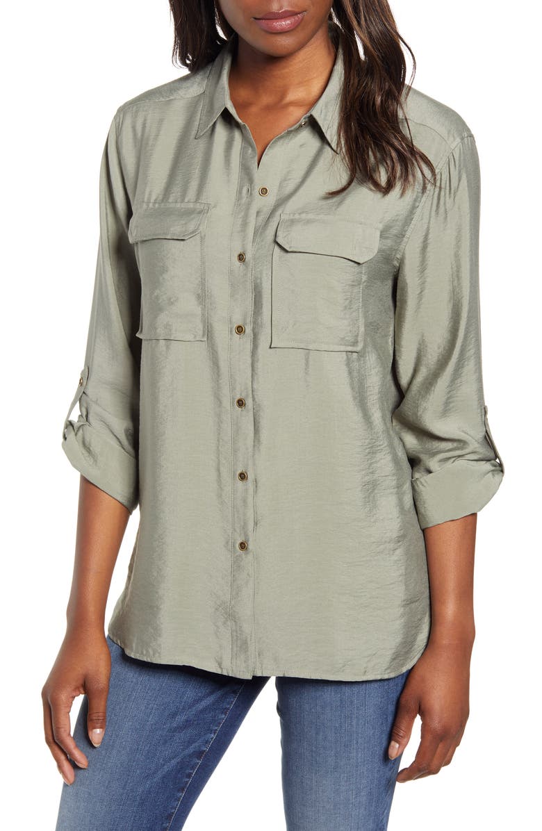 Vince Camuto Hammered Satin Utility Shirt, Main, color,
