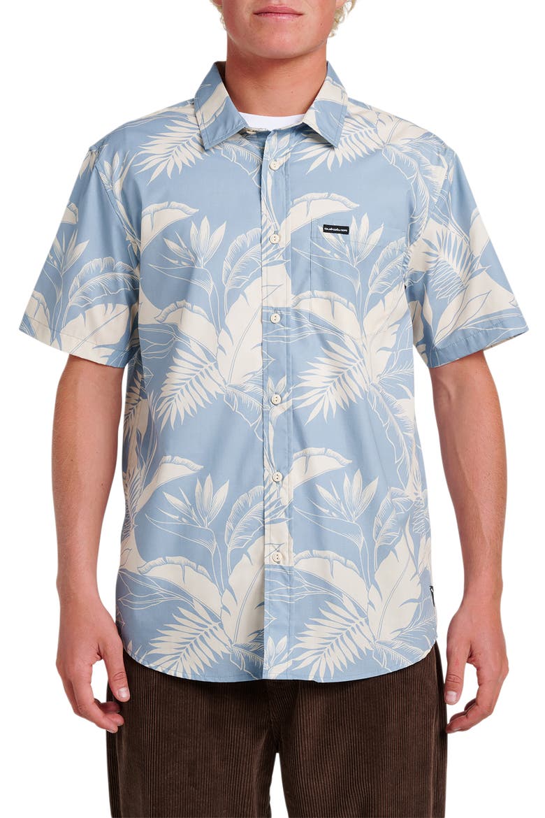 Kahnu Classic Fit Leaf Print Short Sleeve Button-Up Shirt, Main, color, ASHLEY BLUE