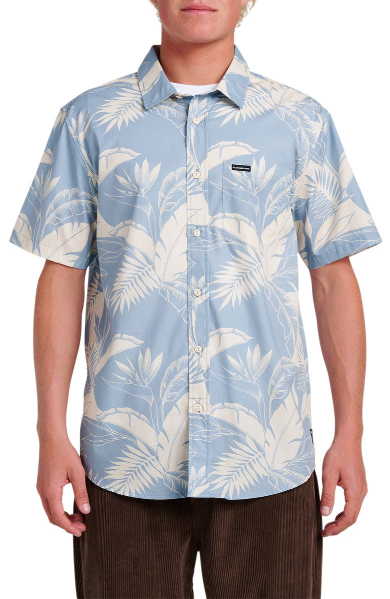 Quiksilver Kahnu Classic Fit Leaf Print Short Sleeve Button-Up Shirt, Main, color, Ashley Blue
