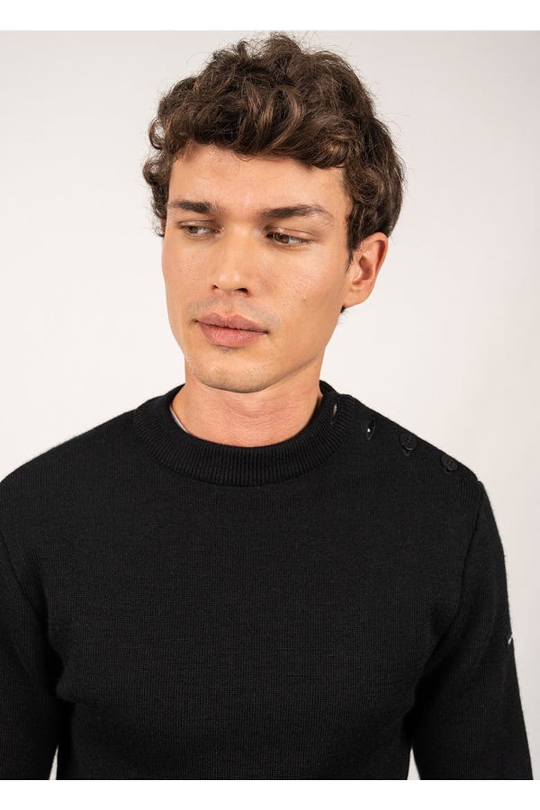 MATELOT - Wool Fisherman Sweater with Button Shoulder, Alternate, color, Black