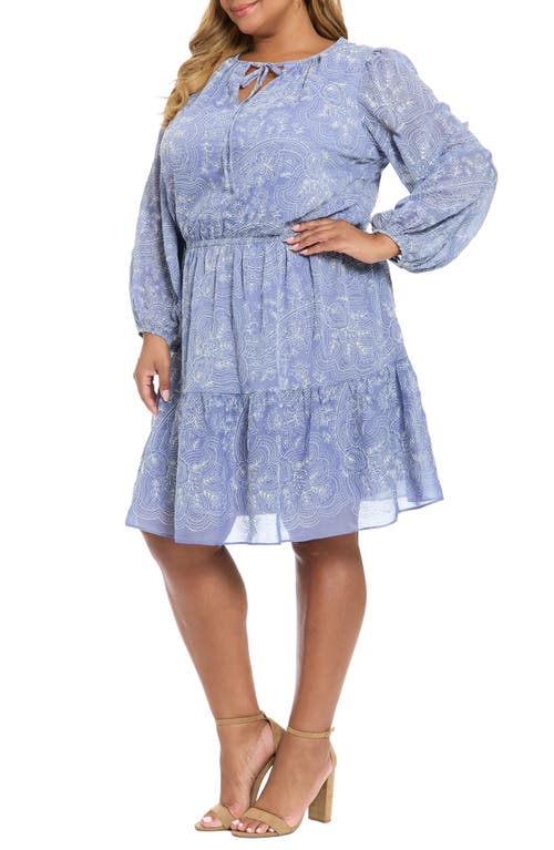 London Times Floral Embroidered Long Sleeve Dress In Blue